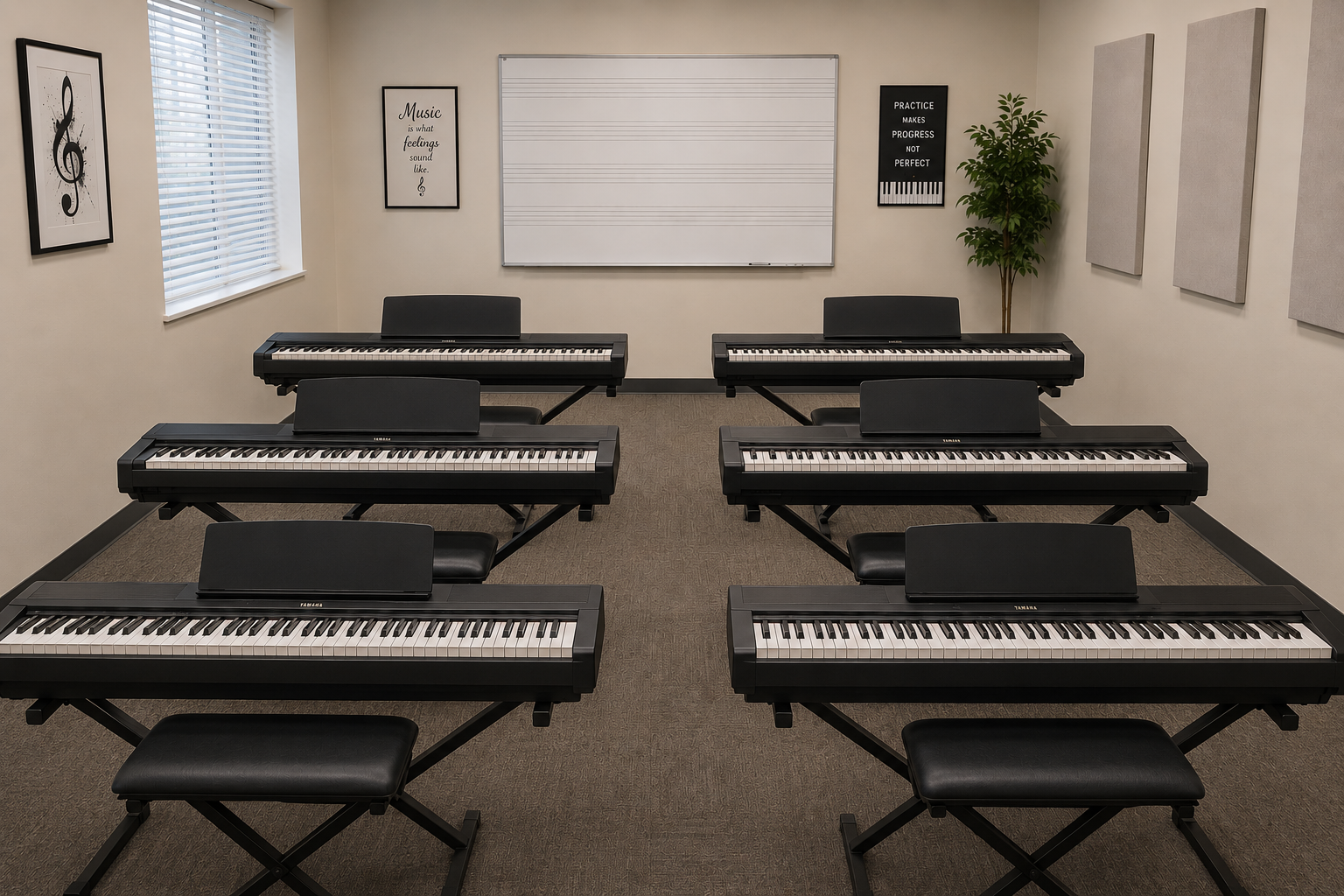 Students learning piano together in a group class